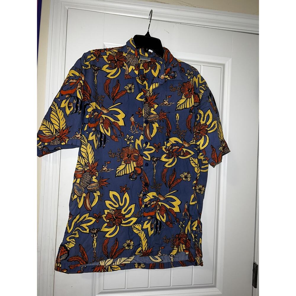 Royal pacific trading inc blue floral pineapple fish button down shirt XXL